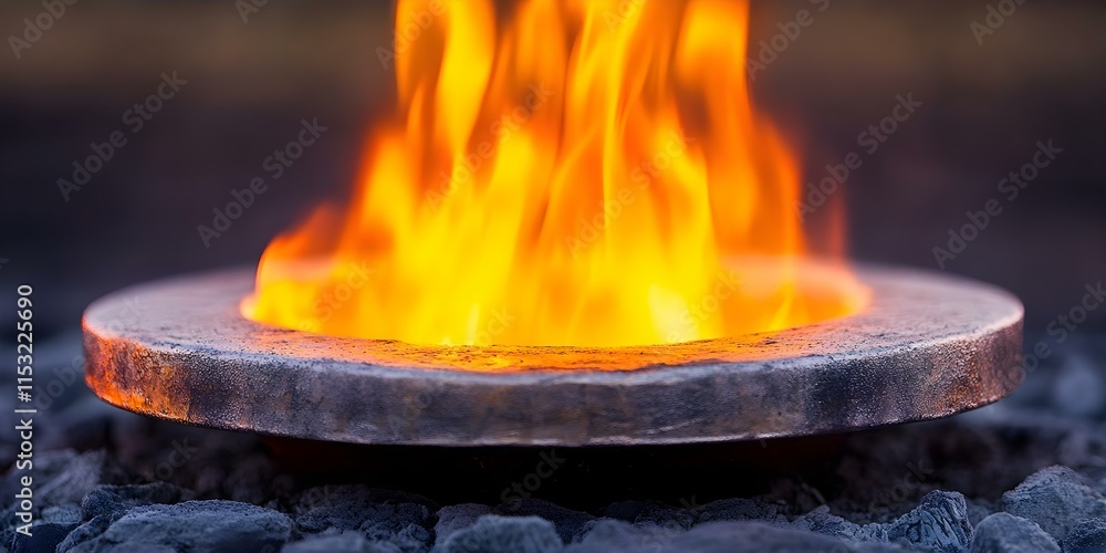 Poster a circular metal container displaying vibrant flames, surrounded by dark rocks, creating a striking 
