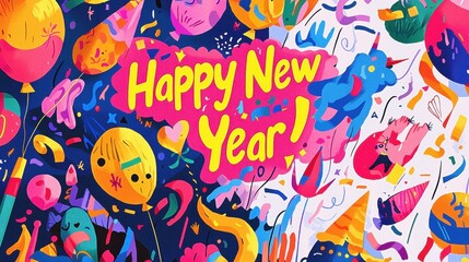 Obraz premium Vibrant Hand-Drawn Illustration Celebrating Happy New Year with Colorful Elements and Festive Designs