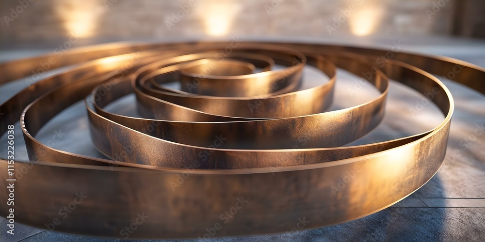 Aufkleber a spiral strip of polished metal, creating a smooth, flowing form on a textured surface with soft li