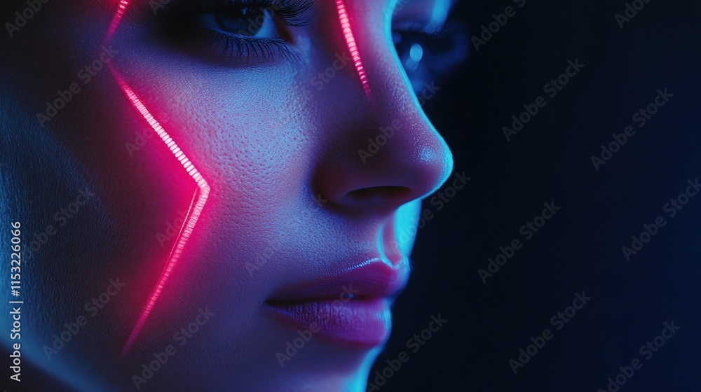 Poster futuristic face contour with neon lifting lines and glow effect