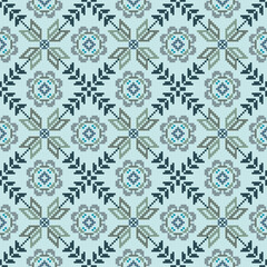 Square seamless Floral traditional Ukrainian pixel Geometric ethnic pattern. Romanian, Vyshyvanka, Slavic ornament style. Vector for tile, textile, mosaic, ceramic, patchwork, background, backdrop.