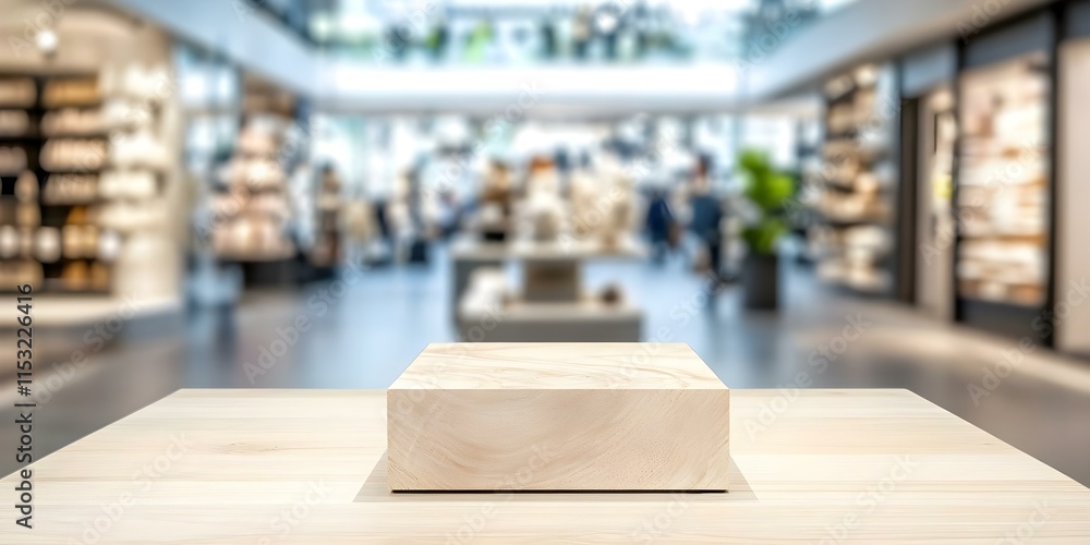 Poster a minimalist wooden display block is set on a table in a blurred retail space, highlighting the surr