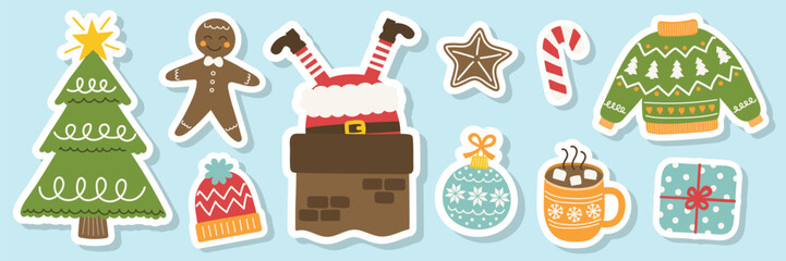 Colourful hand drawn Christmas sticker set. Christmas tree, ball, present, sock, cookie, cup, hat, sweater, gloves. Vector illustration
