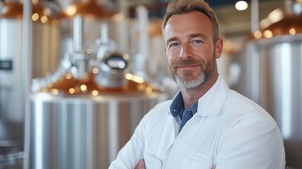 Confident brewer in brewery.