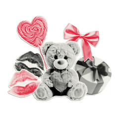 Collage elements for Valentine's Day cut from paper with halftone effect. Trendy vintage sticker for card, banner, background.