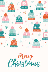 Colourful Christmas poster in cartoon style. Greeting card decorated with cute hand drawn winter hats. Vector illustration