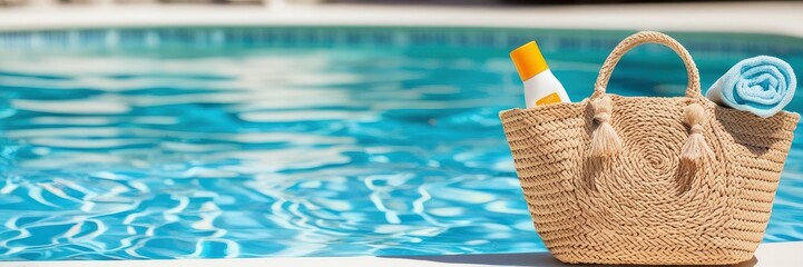 Swimming pool essentials concept. Beach bag with items for safe sunbathing near swimming pool, white blanket and sunscreen product. Banner with copyspace for text