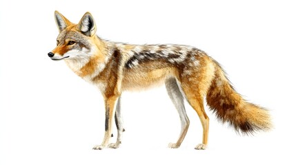 Fototapeta premium A black backed jackal stands alert against a white background