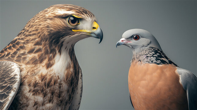 A hawk and a dove, looking at each other, against a gray background. Hawks and doves, monetary policy concepts
