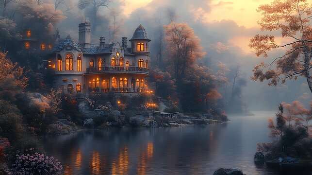 Enchanting Lakeside Mansion Autumnal Forest Setting