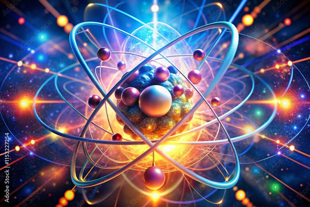 Poster microscopic drone view of atomic structure: abstract science background