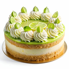 A delicious key lime cream cake, isolated on a transparent background, featuring a smooth, creamy texture and vibrant lime topping.