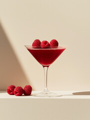 Red Raspberry Cocktail in Martini Glass on Light Beige Background