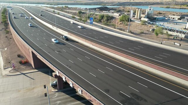 Aerial view of Mesa, Arizona Freeway Red Mountain 202 at Country Club. light traffic on a sunny day