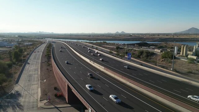 Aerial view of Mesa, Arizona Freeway Red Mountain 202 at Country Club. light traffic on a sunny day