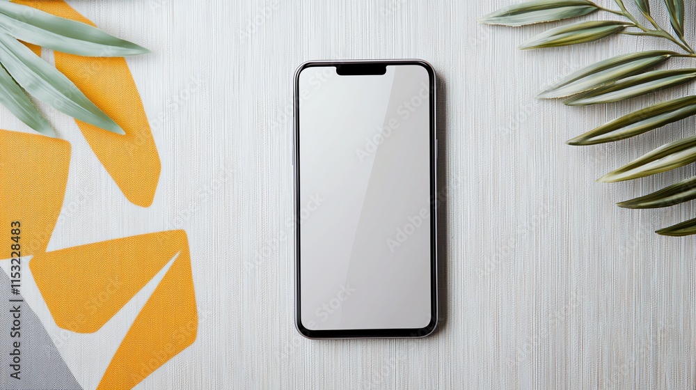 Aufkleber a smartphone with an empty display placed on a bold patterned surface with vibrant, contrasting colo