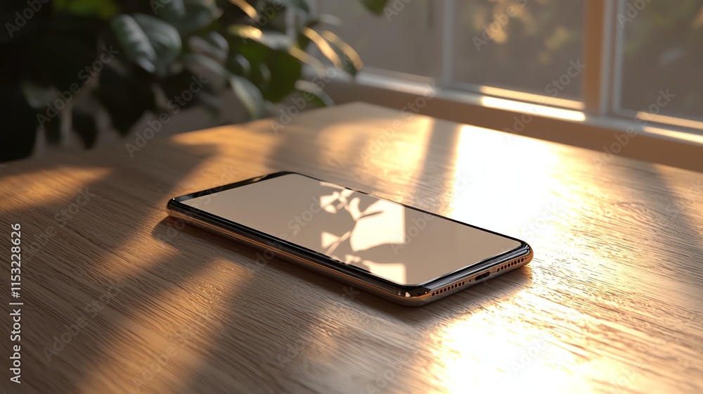 Poster a smartphone mockup resting on a clean, scandinavian-style wooden table with soft light filtering th