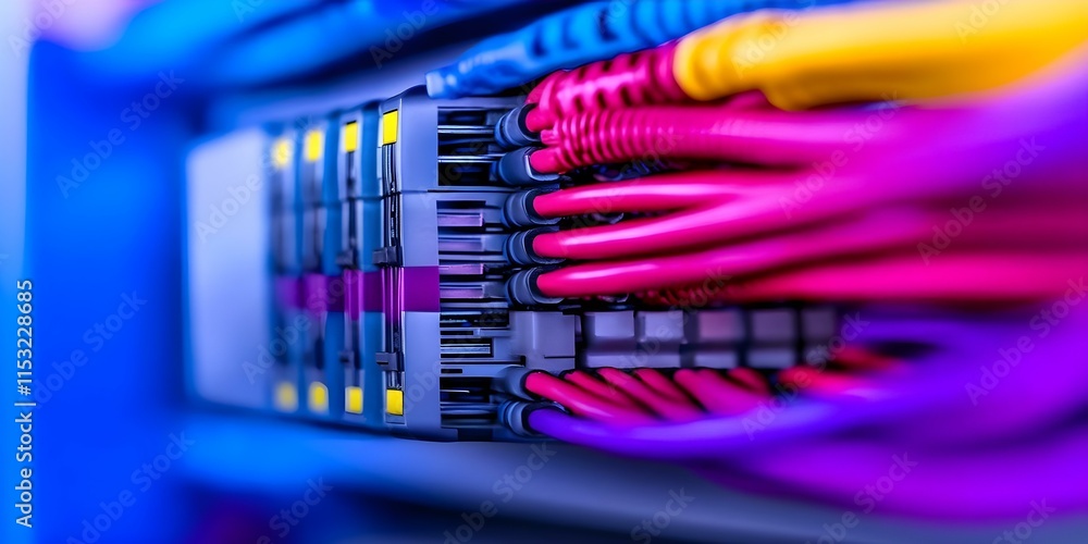 Poster a close-up view of colorful network cables connected to a patch panel, highlighting the intricate wi