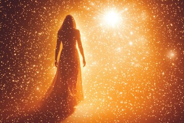 A silhouetted woman in a flowing gown walks toward a bright, shining star in a cosmic setting, exuding a sense of wonder and tranquility.