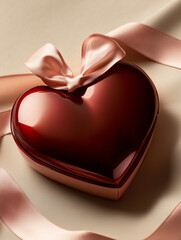Red Heart-Shaped Gift Box with Pink Satin Ribbon for Valentine's Day