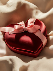 Red Heart-Shaped Gift Box with Pink Satin Ribbon for Valentine's Day