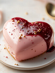 Heart-Shaped Pink Cake with Cherry Glaze and Gold Accents