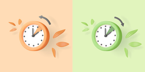 Daylight saving time clock set. 3D watches with season leaves and arrows. Springtime, summertime, autumn time change reminder. Cartoon elements. Calendar date. Vector illustration.