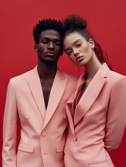 Minimalist Fashion Couple in Matching Pink Suits for Valentine’s Day