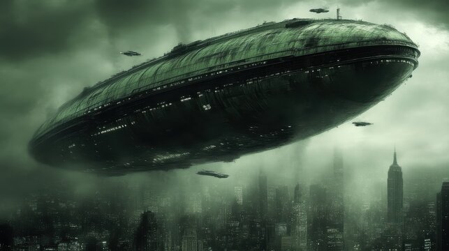 Enormous alien spaceship hovering over a dystopian city under a stormy sky.