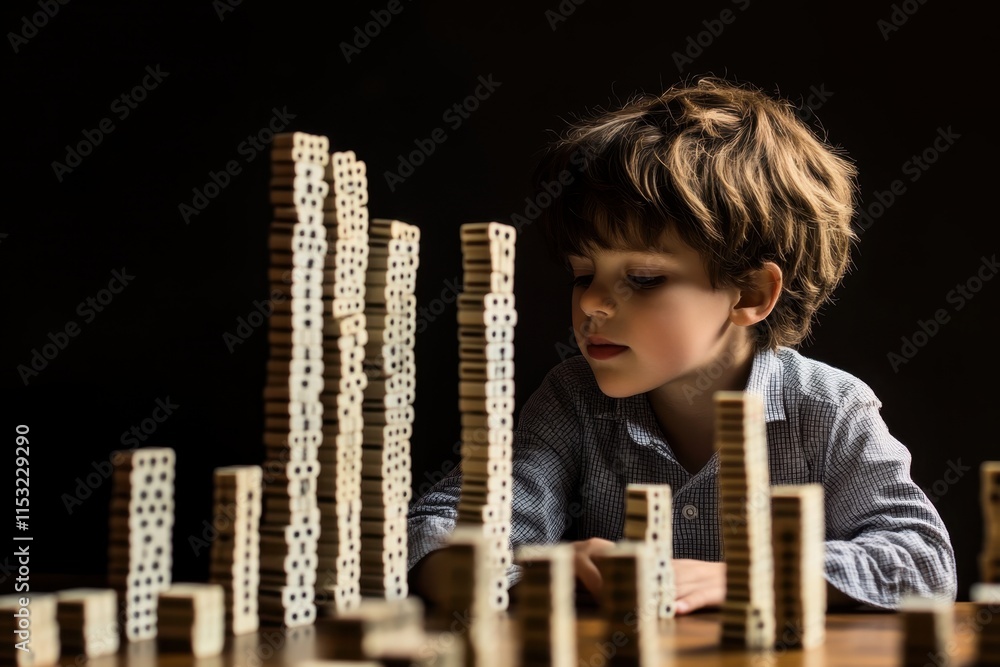 Poster young child focused on building a tower with wooden blocks in a dark setting