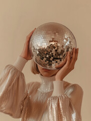 Festive Woman Holding a Shiny Silver Disco Ball Close to Her Face