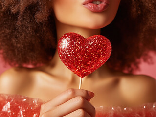 Minimalist Valentine's Day Concept - Woman Holding Red Heart-Shaped Candy