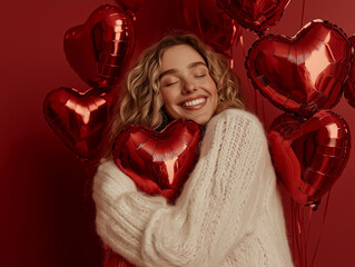 Romantic Woman Hugging with Heart Balloons – Valentine's Day Concept