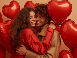 Romantic Happy Couple Hugging with Heart Balloons – Valentine's Day Concept