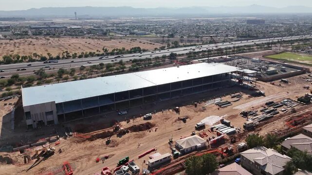 Drone footage over the QTS Data Center under construction in downtown Phoenix in Nvidia, Arizona