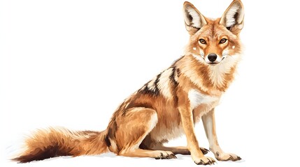Fototapeta premium Golden Jackal Sitting Against White Background