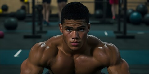 Fototapeta premium A muscular young man is focused while exercising in a gym, with a slight sheen of sweat on his body. Concept Gym Workout, Focused Training, Muscular Physique, Sweat and Determination
