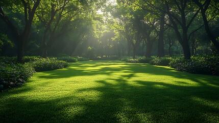 Naklejka premium Sunlit Green Grass Path Through Lush Forest Trees