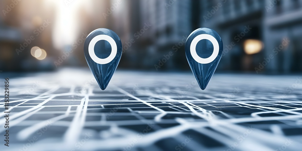 Poster two blue location pins positioned over a city map, suggesting points of interest or navigation on a 