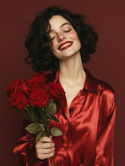 Romantic Woman in Red Silk Blouse Holding Rose Bouquet 