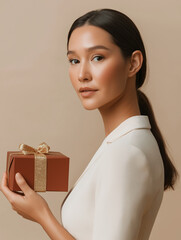 Woman Holding a Red Gift Box on Beige Background