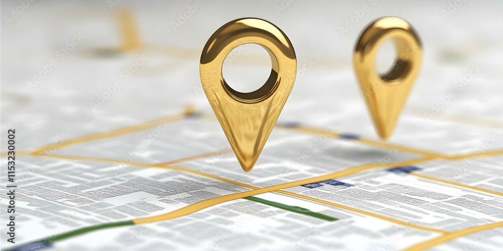 Poster two golden map pins placed on a map, indicating specific locations or points of interest. concept ma