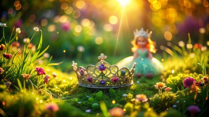 Miniature Fairytale Princess with Tiara, Whimsical Tilt-Shift Photo