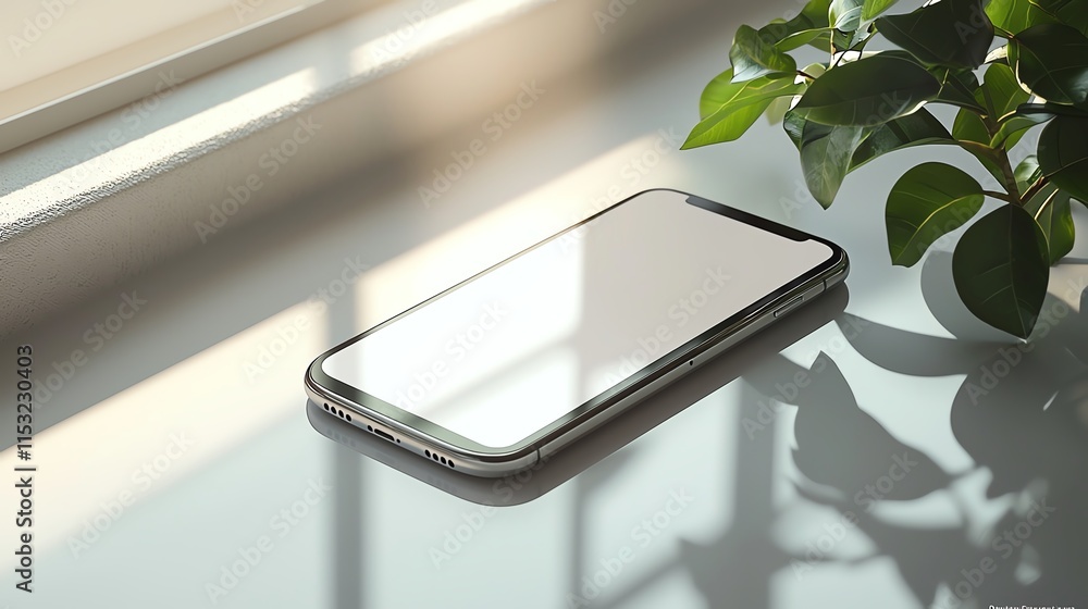 Poster a smartphone mockup with an empty screen placed on a smooth white surface with soft light gradients