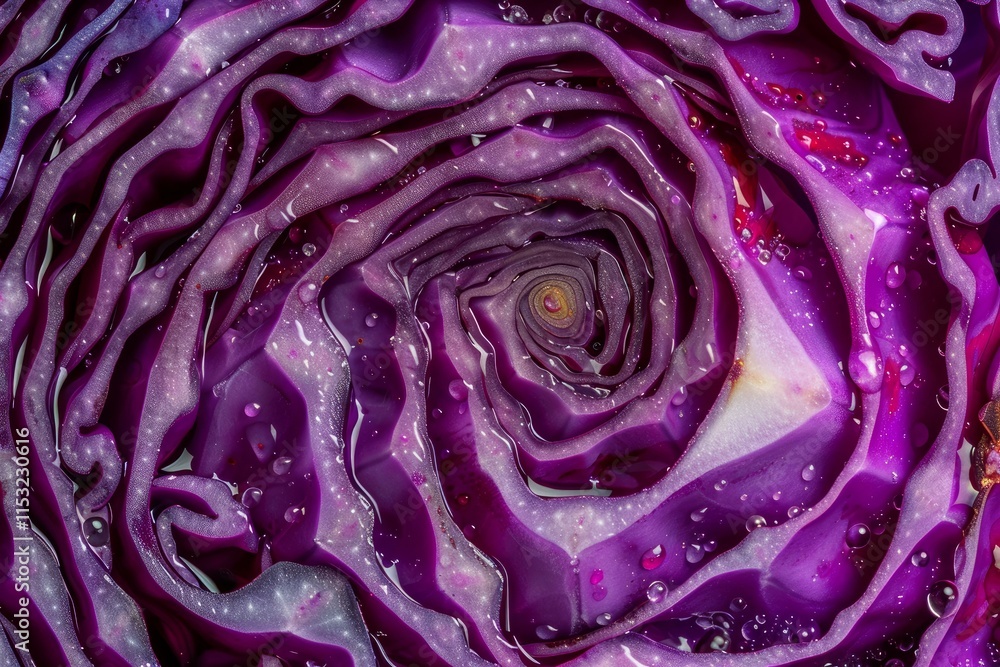 Poster close up of sliced red cabbage revealing mesmerizing concentric layers and water droplets, creating 
