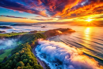 Fototapeta premium Stunning drone sunset captures vibrant coastal colors, sea fog swirling beneath.
