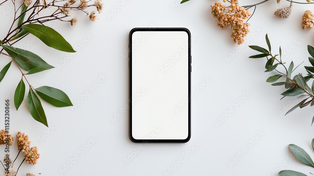 Aufkleber a blank smartphone screen resting on a patterned surface with natural and creative elements