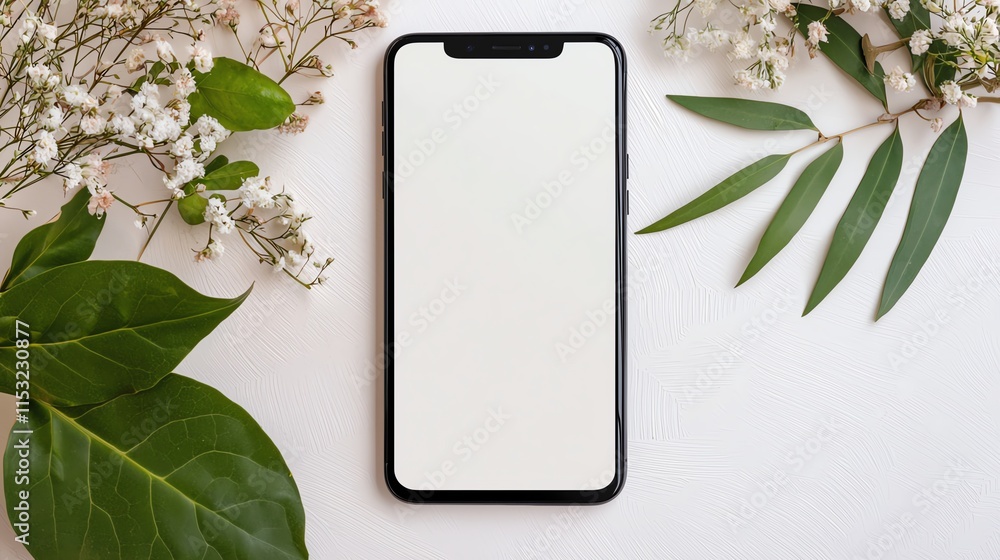 Aufkleber a blank smartphone screen resting on a patterned surface with natural and creative elements