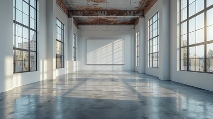 A large empty room with a white wall and a white board on it
