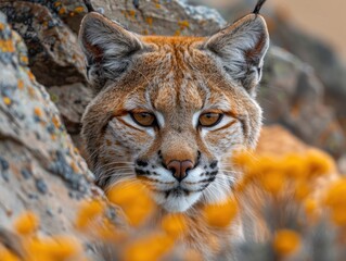 Obraz premium Close view of a bobcat's face peering from behind rocks and foliage.